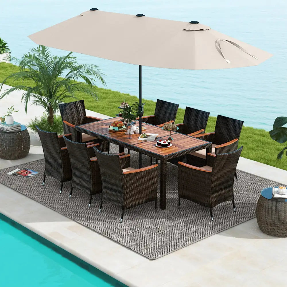 11 Pieces Patio Dining Set with 15 Feet Double-Sided Patio Umbrella and Base-Beige - Beige - Patio Dining Sets