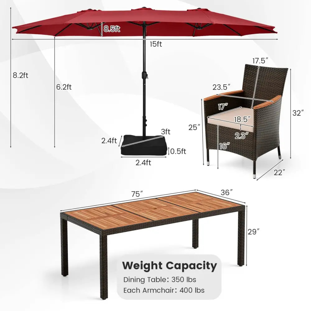 11 Pieces Patio Dining Set with 15 Feet Double-Sided Patio Umbrella and Base-Wine - Wine - Patio Dining Sets
