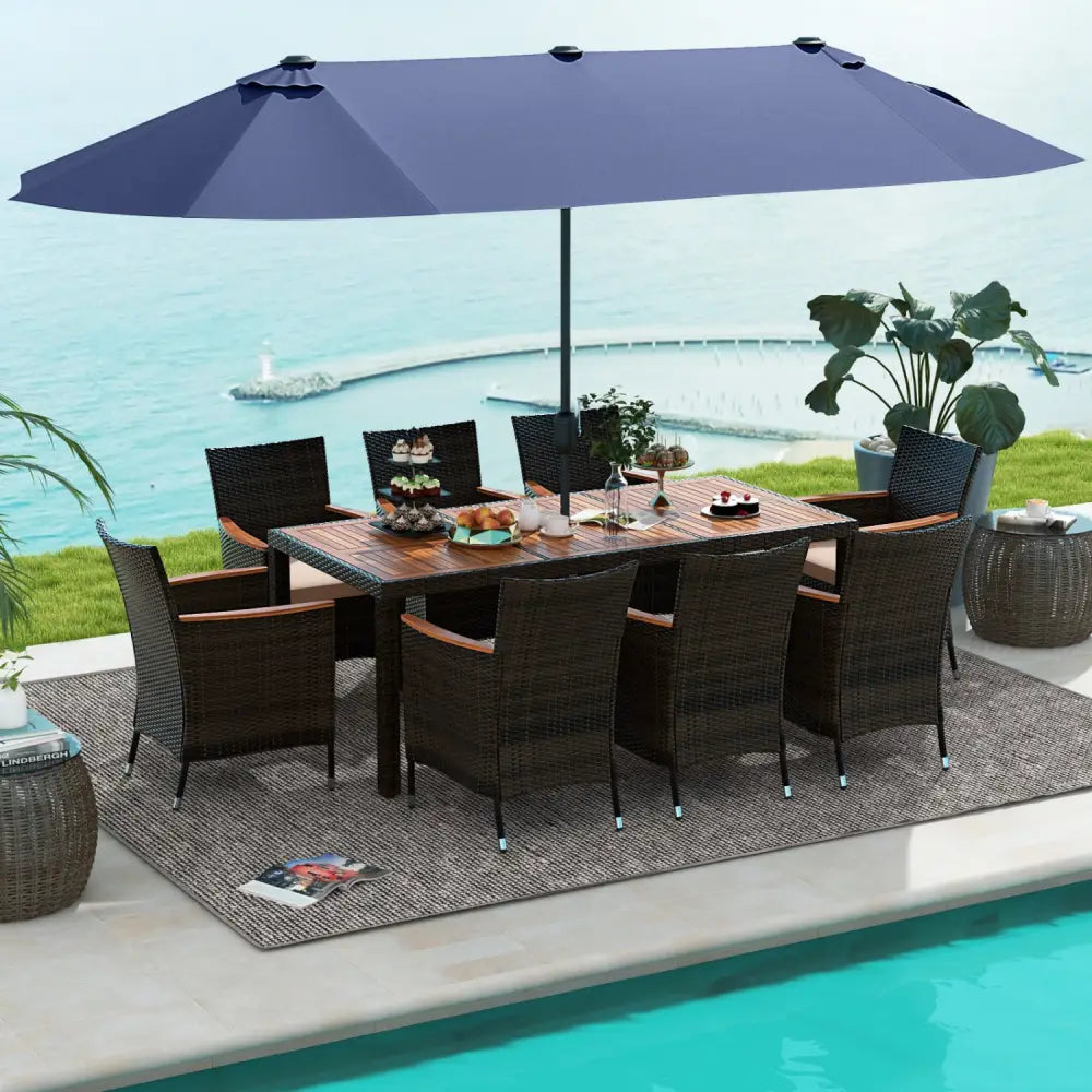 11 Pieces Patio Dining Set with 15 Feet Double-Sided Patio Umbrella and Base-Navy - Navy - Patio Dining Sets
