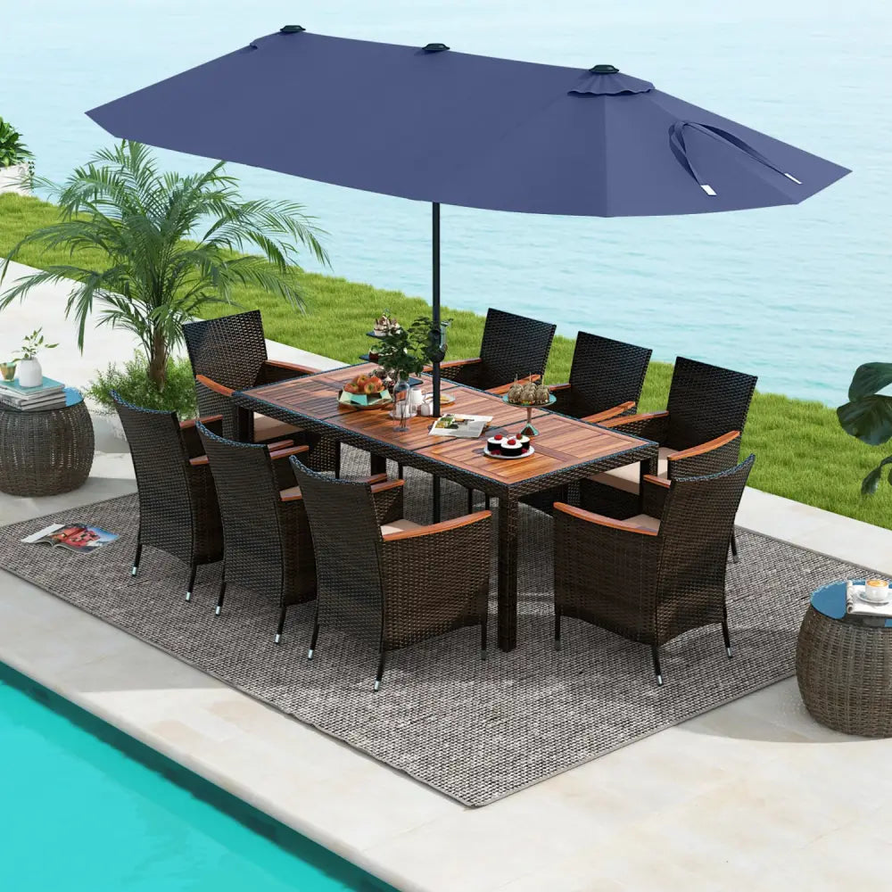 11 Pieces Patio Dining Set with 15 Feet Double-Sided Patio Umbrella and Base-Navy - Navy - Patio Dining Sets