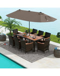 11 Pieces Patio Dining Set with 15 Feet Double-Sided Patio Umbrella and Base-Coffee - Coffee - Patio Dining Sets
