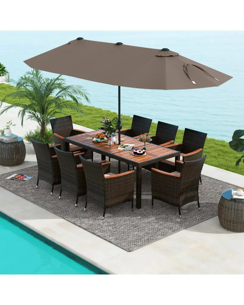 11 Pieces Patio Dining Set with 15 Feet Double-Sided Patio Umbrella and Base-Coffee - Coffee - Patio Dining Sets