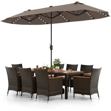 11 Pieces Patio Dining Set with 15 Feet Double-Sided Patio Umbrella and Base-Coffee - Coffee - Patio Dining Sets