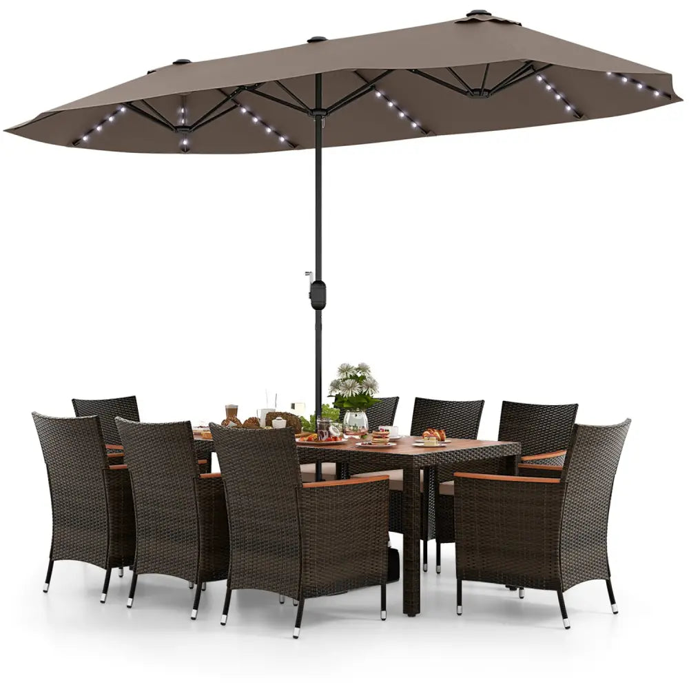11 Pieces Patio Dining Set with 15 Feet Double-Sided Patio Umbrella and Base-Coffee - Coffee - Patio Dining Sets