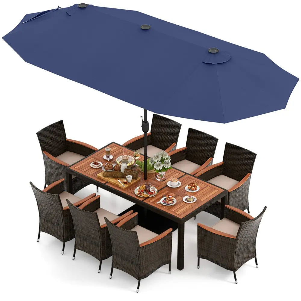 11 Pieces Patio Dining Set with 15 Feet Double-Sided Patio Umbrella and Base-Navy - Navy - Patio Dining Sets
