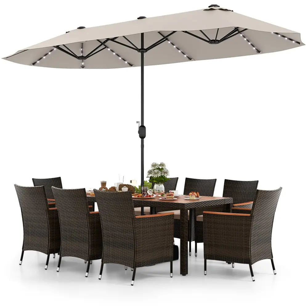 11 Pieces Patio Dining Set with 15 Feet Double-Sided Patio Umbrella and Base-Beige - Beige - Patio Dining Sets