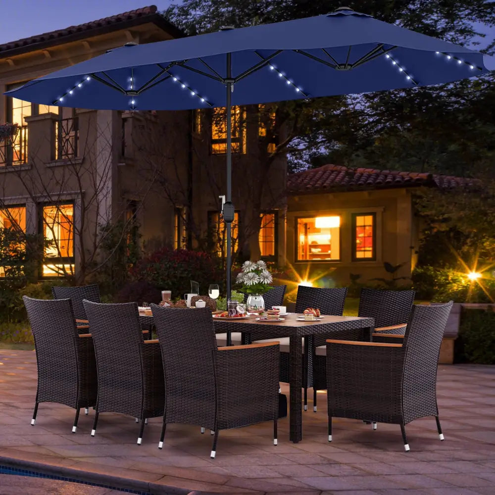 11 Pieces Patio Dining Set with 15 Feet Double-Sided Patio Umbrella and Base-Navy - Navy - Patio Dining Sets