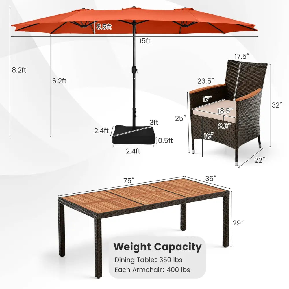 11 Pieces Patio Dining Set with 15 Feet Double-Sided Patio Umbrella and Base-Orange - Orange - Patio Dining Sets
