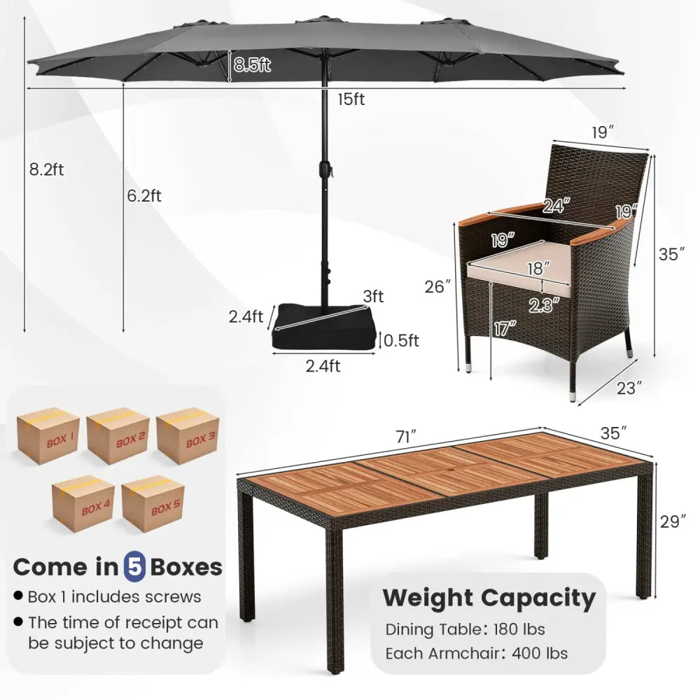 11 Pieces Patio Dining Set with 15 Feet Double-Sided Patio Umbrella and Base-Gray - Gray - Patio Dining Sets