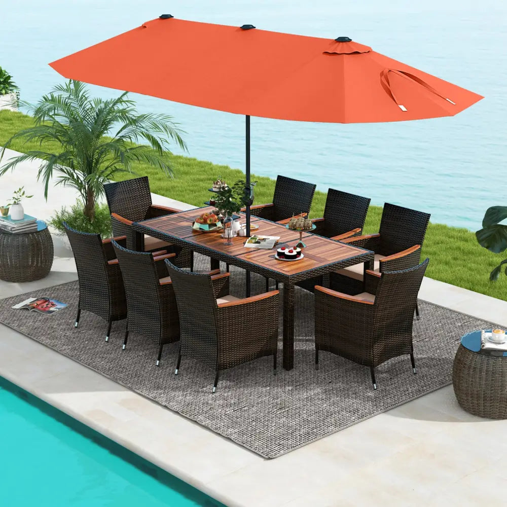 11 Pieces Patio Dining Set with 15 Feet Double-Sided Patio Umbrella and Base-Orange - Orange - Patio Dining Sets