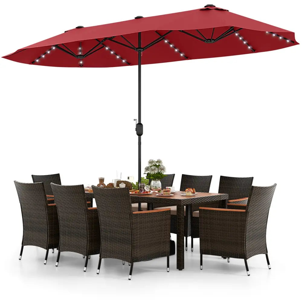 11 Pieces Patio Dining Set with 15 Feet Double-Sided Patio Umbrella and Base-Wine - Wine - Patio Dining Sets