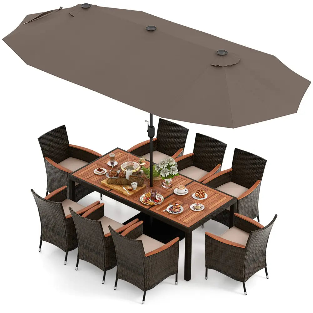 11 Pieces Patio Dining Set with 15 Feet Double-Sided Patio Umbrella and Base-Coffee - Coffee - Patio Dining Sets