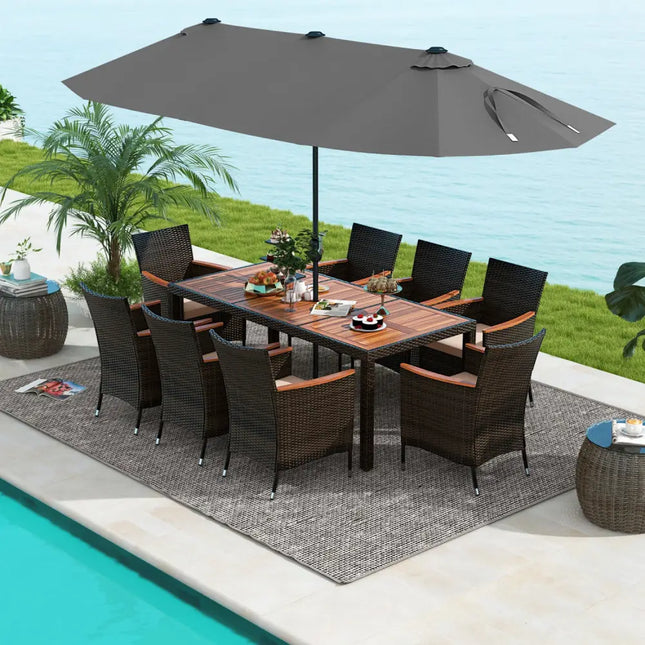 11 Pieces Patio Dining Set with 15 Feet Double-Sided Patio Umbrella and Base-Gray - Gray - Patio Dining Sets