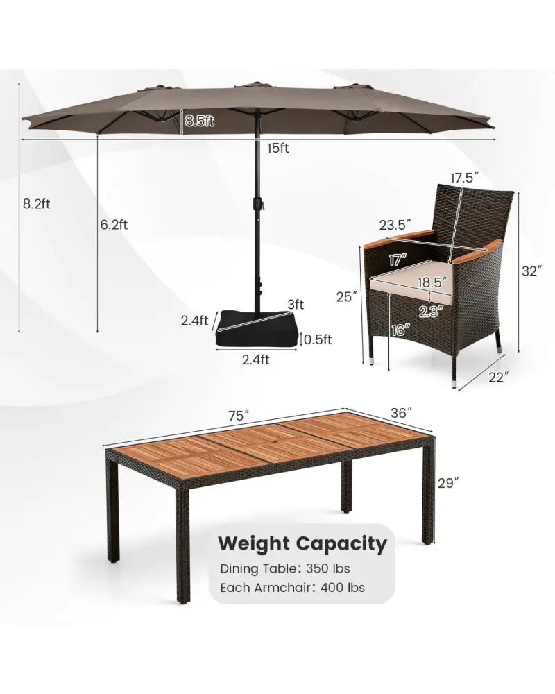 11 Pieces Patio Dining Set with 15 Feet Double-Sided Patio Umbrella and Base-Coffee - Coffee - Patio Dining Sets