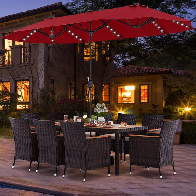 11 Pieces Patio Dining Set with 15 Feet Double-Sided Patio Umbrella and Base-Wine - Wine - Patio Dining Sets