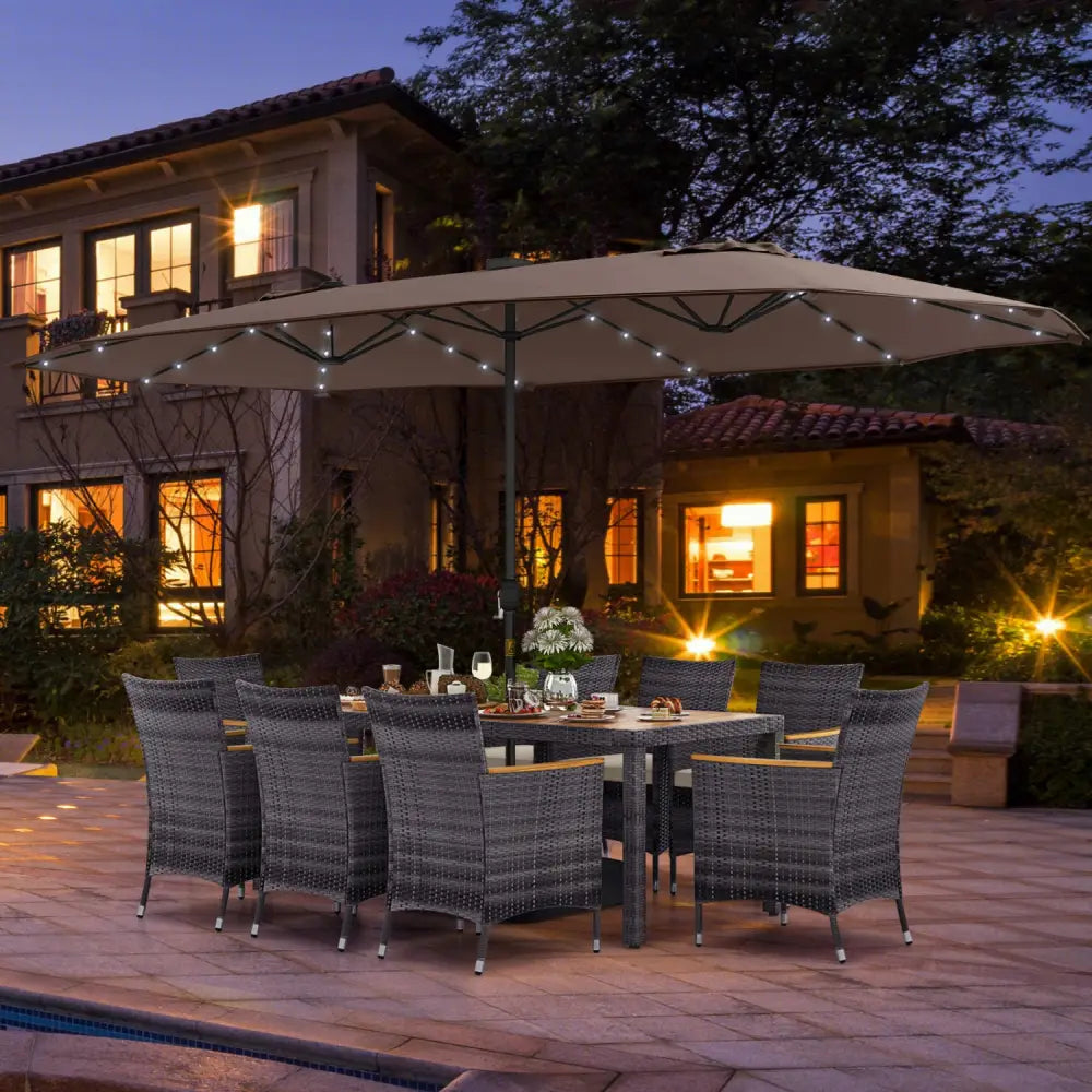 11 Pieces Patio Dining Set with 15 Feet Double-Sided Patio Umbrella Base Included-Tan - Tan - Patio Dining Sets