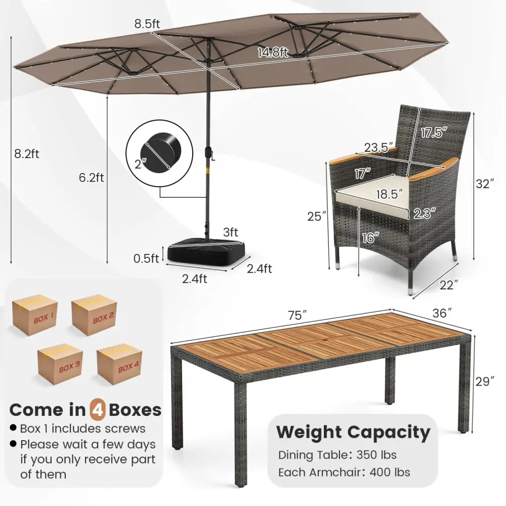 11 Pieces Patio Dining Set with 15 Feet Double-Sided Patio Umbrella Base Included-Tan - Tan - Patio Dining Sets