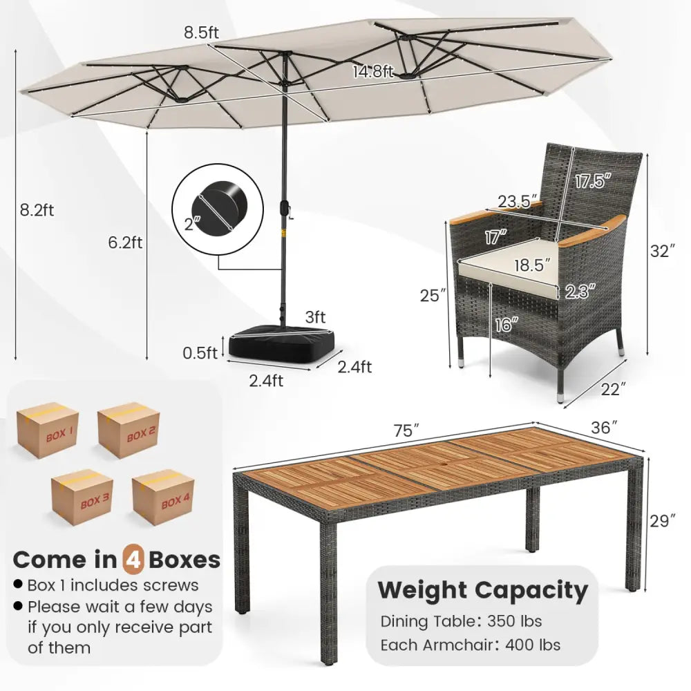 11 Pieces Patio Dining Set with 15 Feet Double-Sided Patio Umbrella Base Included-Beige - Beige - Patio Dining Sets
