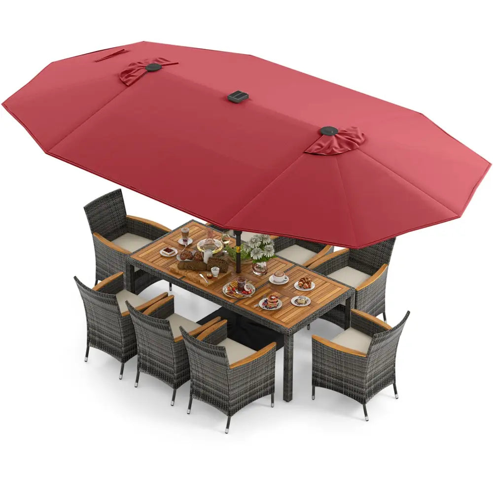 11 Pieces Patio Dining Set with 15 Feet Double-Sided Patio Umbrella Base Included-Wine - Wine - Patio Dining Sets