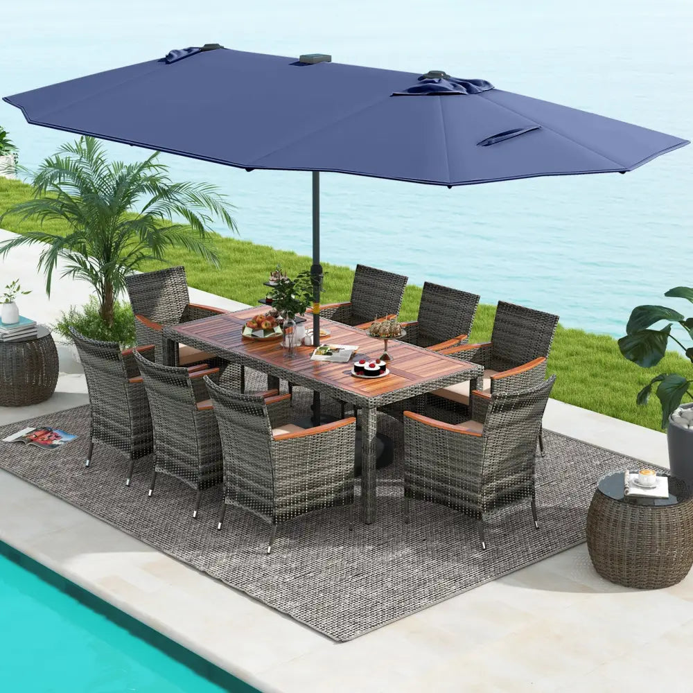 11 Pieces Patio Dining Set with 15 Feet Double-Sided Patio Umbrella Base Included-Navy - Navy - Patio Dining Sets