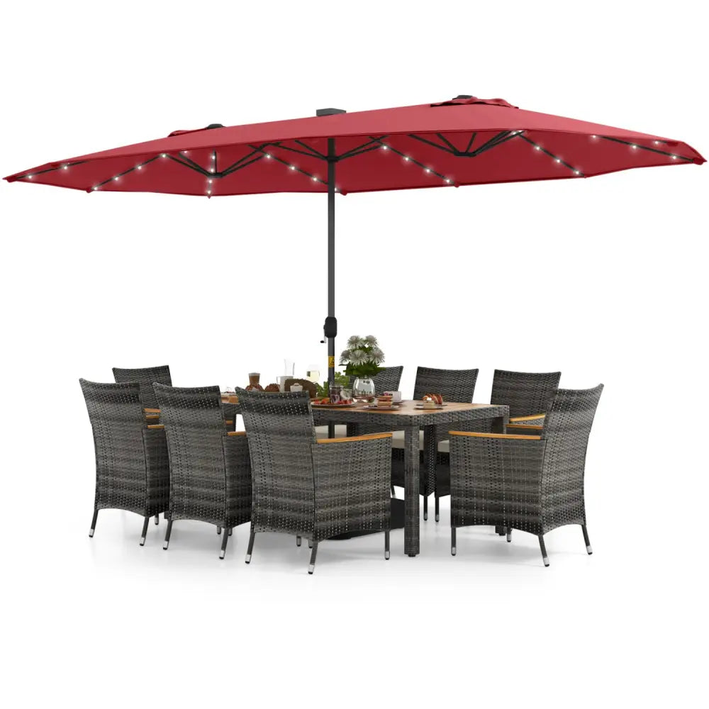 11 Pieces Patio Dining Set with 15 Feet Double-Sided Patio Umbrella Base Included-Wine - Wine - Patio Dining Sets