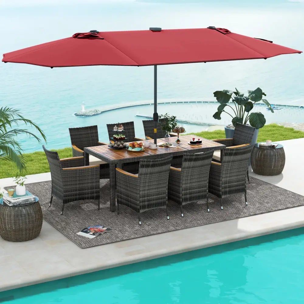 11 Pieces Patio Dining Set with 15 Feet Double-Sided Patio Umbrella Base Included-Wine - Wine - Patio Dining Sets