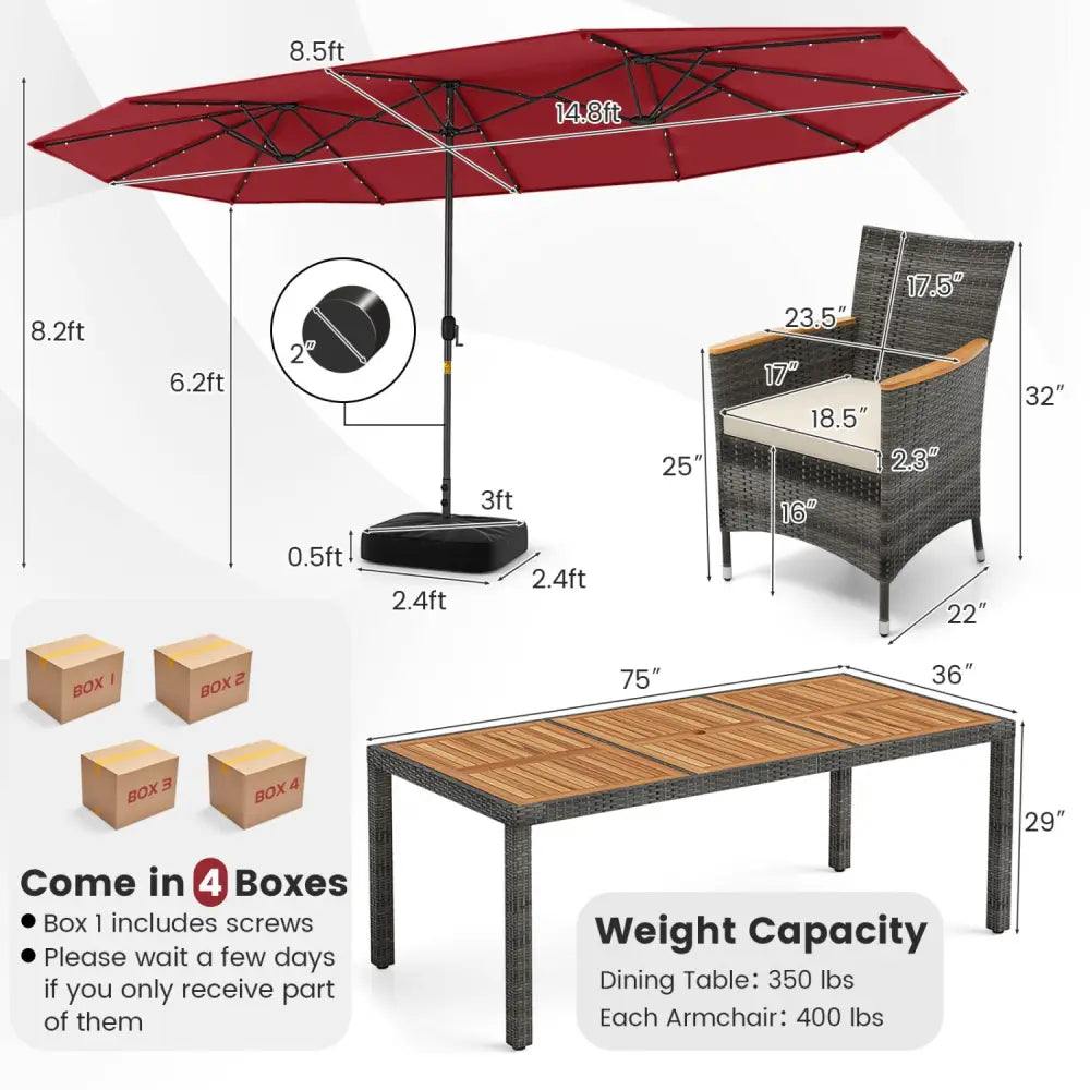 11 Pieces Patio Dining Set with 15 Feet Double-Sided Patio Umbrella Base Included-Wine - Wine - Patio Dining Sets