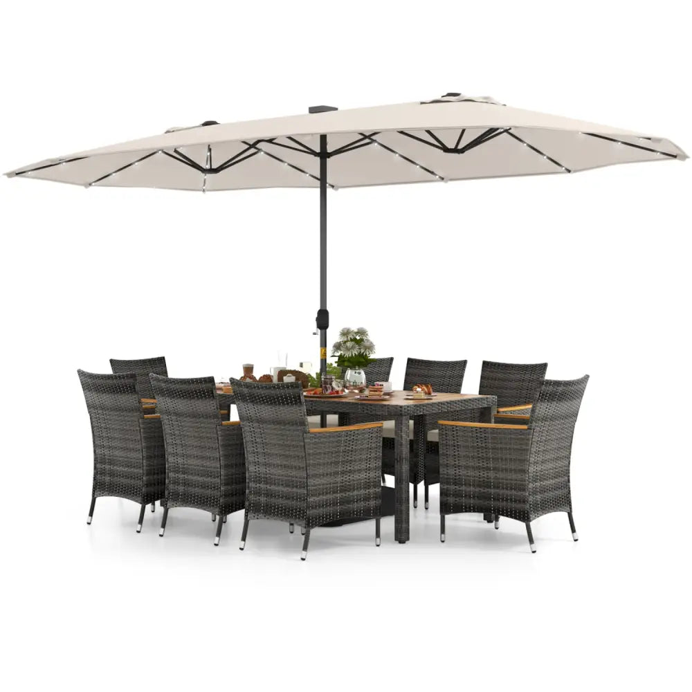 11 Pieces Patio Dining Set with 15 Feet Double-Sided Patio Umbrella Base Included-Beige - Beige - Patio Dining Sets