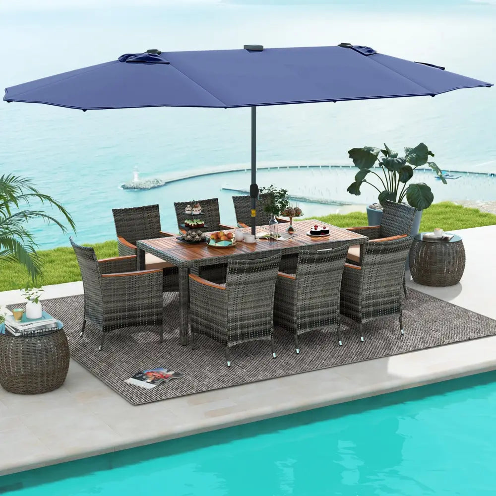 11 Pieces Patio Dining Set with 15 Feet Double-Sided Patio Umbrella Base Included-Navy - Navy - Patio Dining Sets