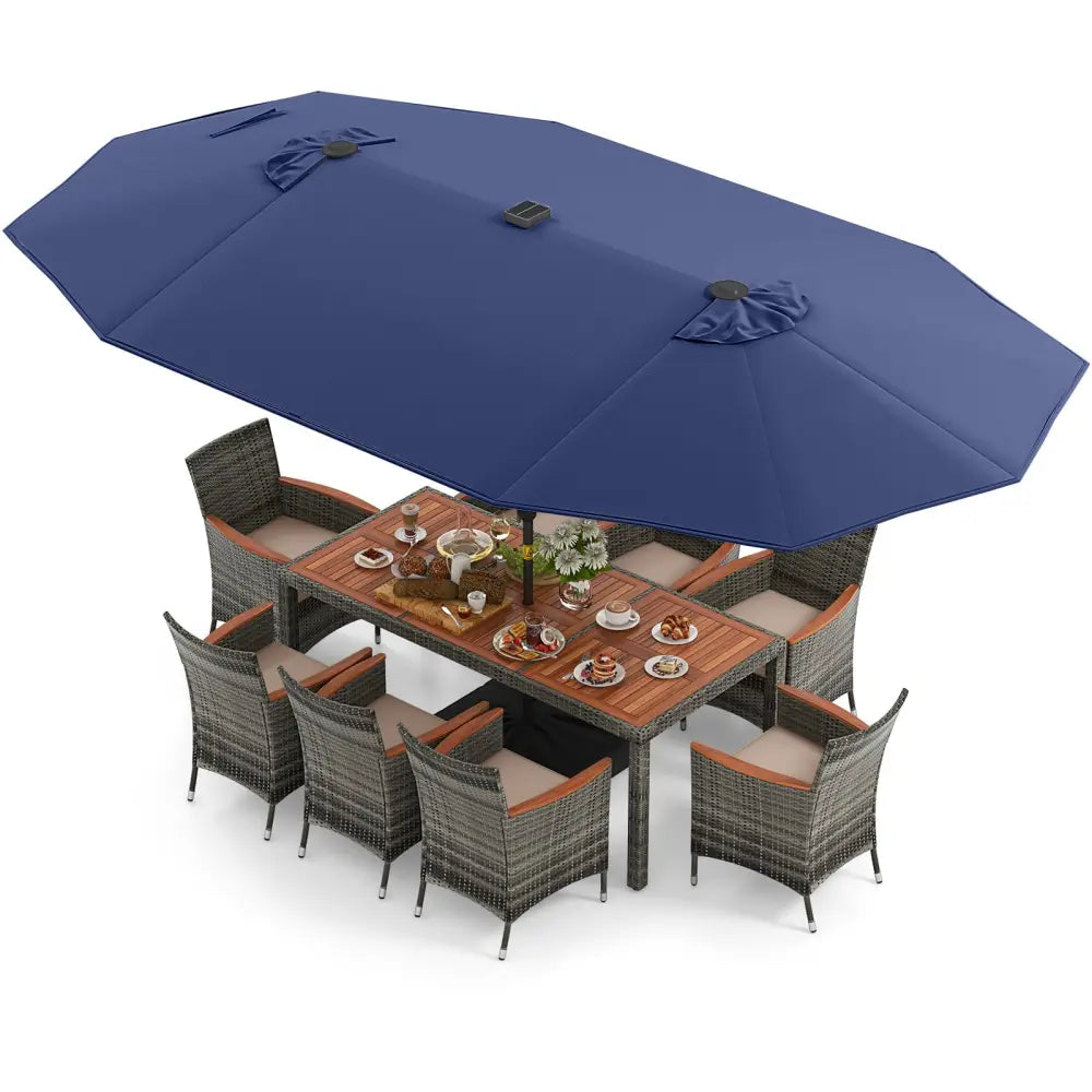 11 Pieces Patio Dining Set with 15 Feet Double-Sided Patio Umbrella Base Included-Navy - Navy - Patio Dining Sets