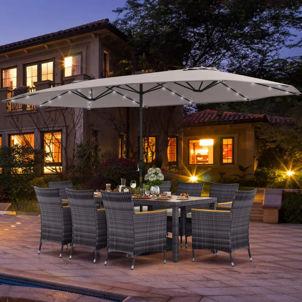 11 Pieces Patio Dining Set with 15 Feet Double-Sided Patio Umbrella Base Included-Beige - Beige - Patio Dining Sets