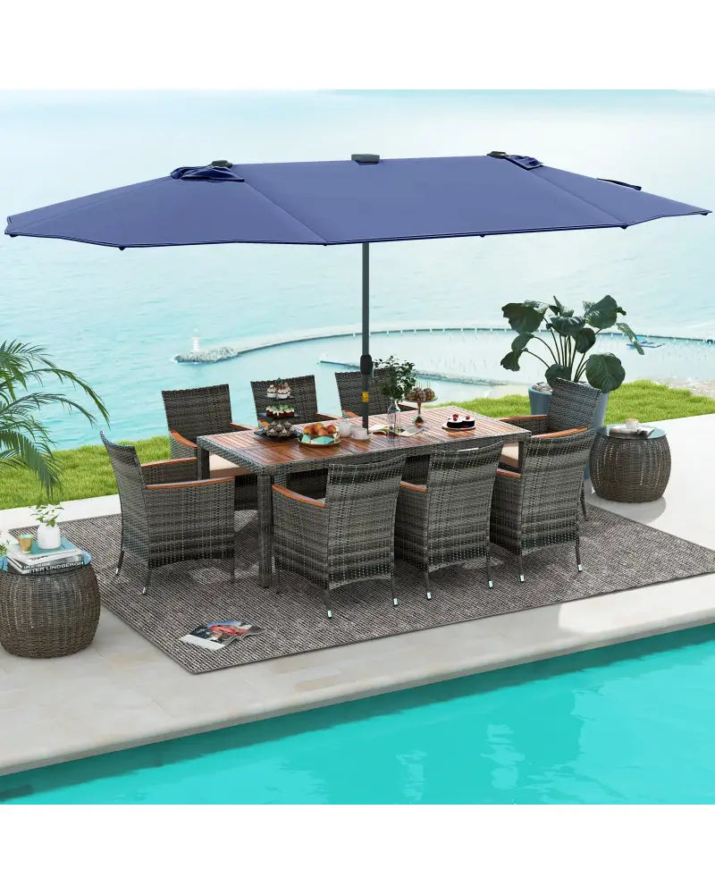 11 Pieces Patio Dining Set with 15 Feet Double-Sided Patio Umbrella Base Included-Navy - Navy - Patio Dining Sets
