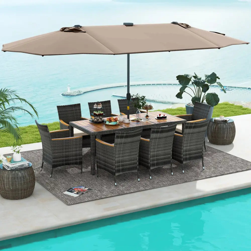 11 Pieces Patio Dining Set with 15 Feet Double-Sided Patio Umbrella Base Included-Tan - Tan - Patio Dining Sets