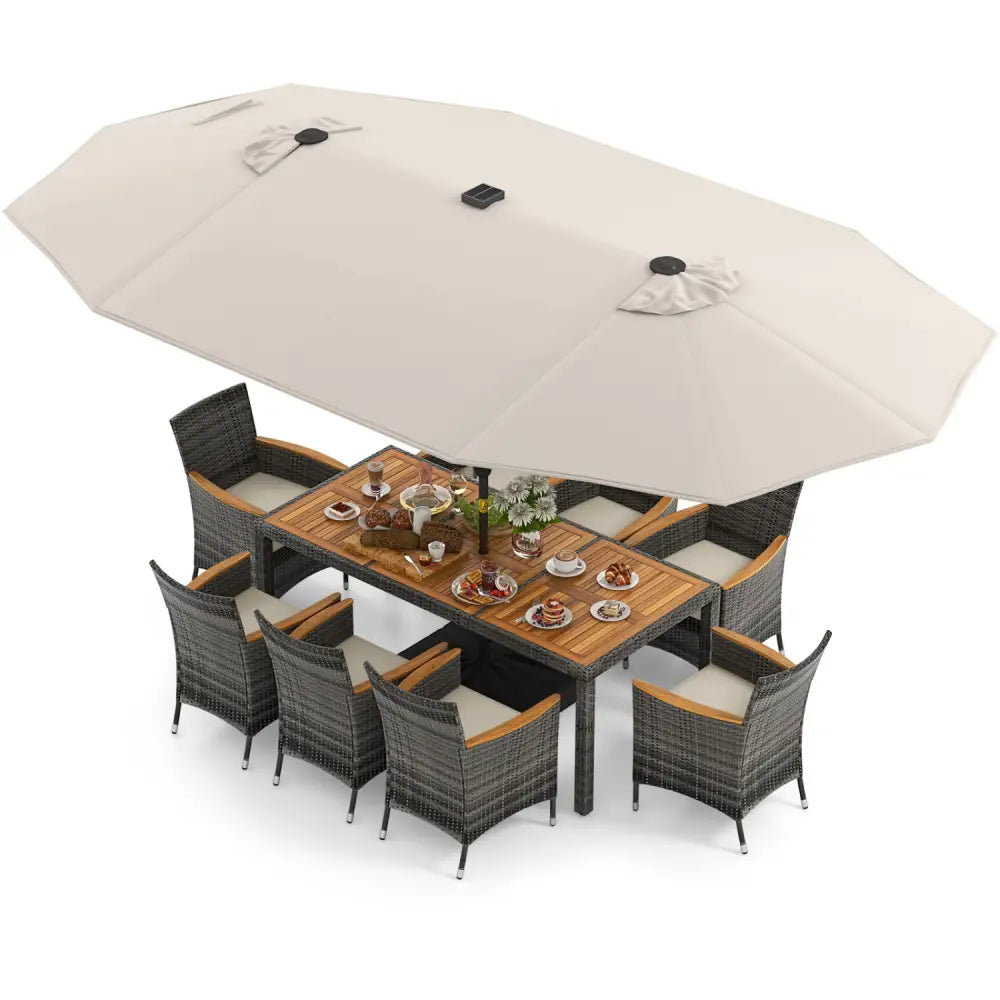 11 Pieces Patio Dining Set with 15 Feet Double-Sided Patio Umbrella Base Included-Beige - Beige - Patio Dining Sets