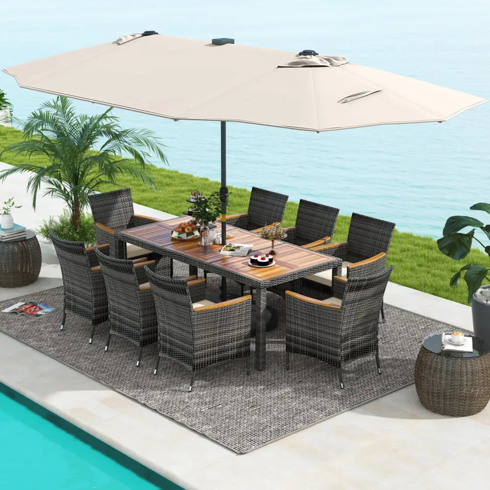 11 Pieces Patio Dining Set with 15 Feet Double-Sided Patio Umbrella Base Included-Beige - Beige - Patio Dining Sets