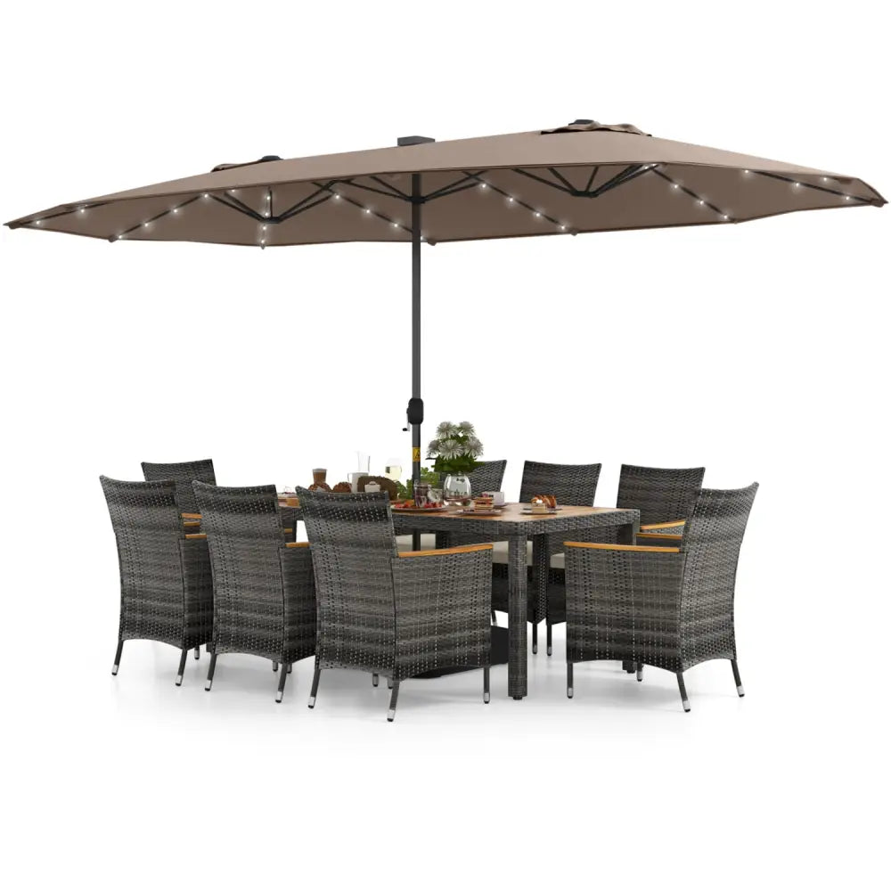 11 Pieces Patio Dining Set with 15 Feet Double-Sided Patio Umbrella Base Included-Tan - Tan - Patio Dining Sets