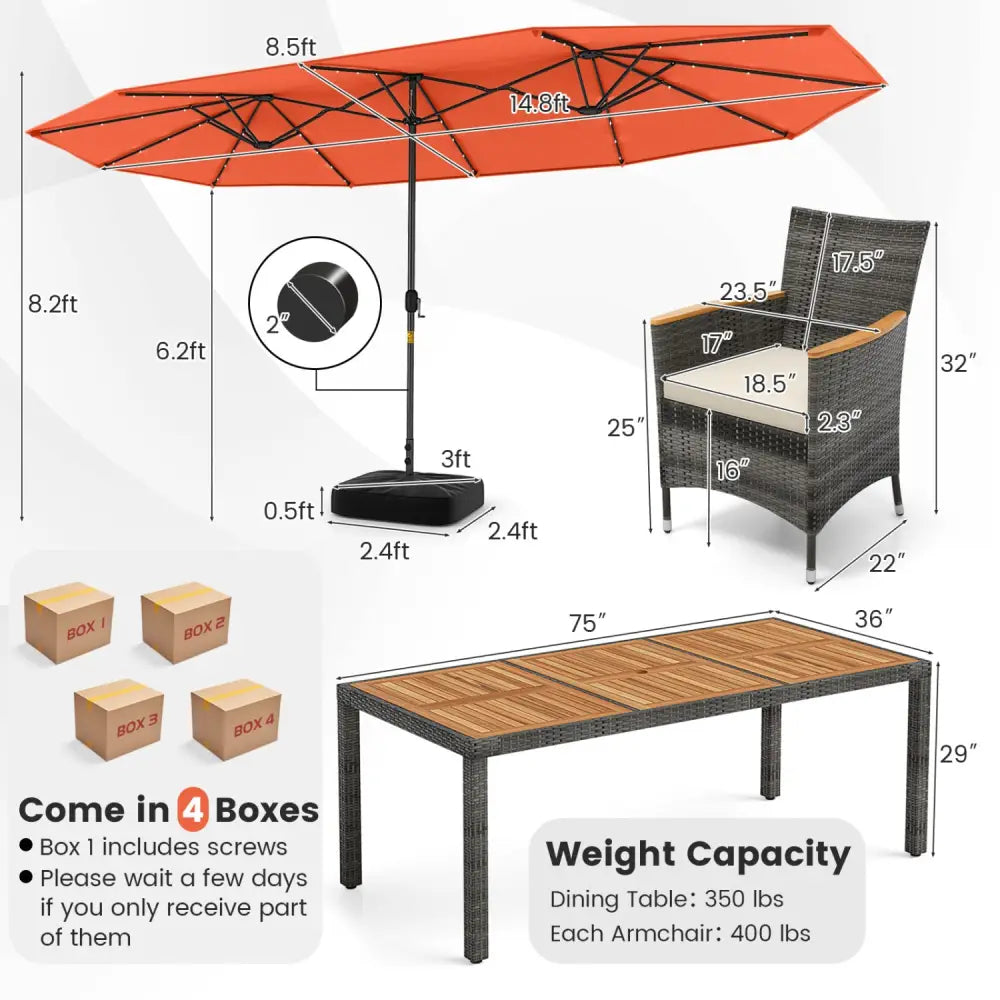 11 Pieces Patio Dining Set with 15 Feet Double-Sided Patio Umbrella Base Included-Orange - Orange - Patio Dining Sets
