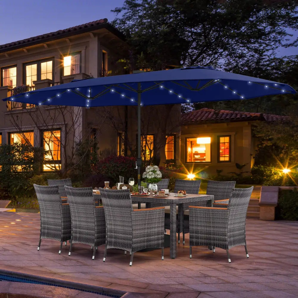 11 Pieces Patio Dining Set with 15 Feet Double-Sided Patio Umbrella Base Included-Navy - Navy - Patio Dining Sets