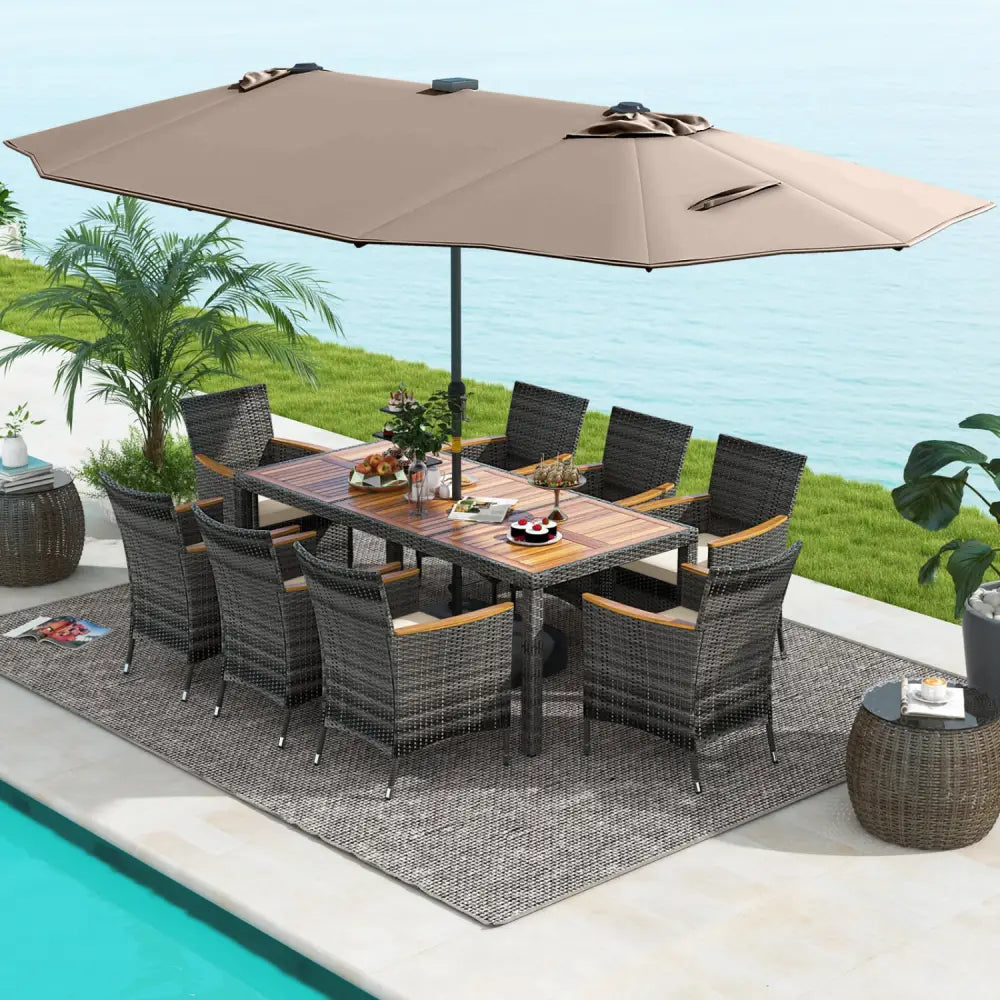 11 Pieces Patio Dining Set with 15 Feet Double-Sided Patio Umbrella Base Included-Tan - Tan - Patio Dining Sets