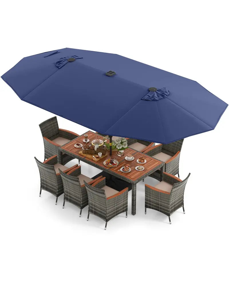 11 Pieces Patio Dining Set with 15 Feet Double-Sided Patio Umbrella Base Included-Navy - Navy - Patio Dining Sets