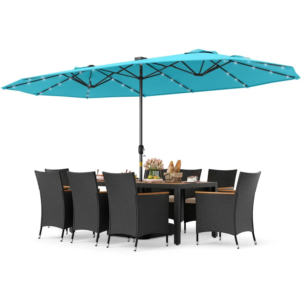 11 Pieces Patio Dining Set with LED Patio Umbrella with Base and Seat Cushions (Beige)-Turquoise - Turquoise - Patio