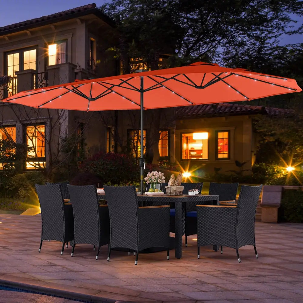 11 Pieces Patio Dining Set with LED Patio Umbrella with Base and Seat Cushions (Navy)-Orange - Orange - Patio Furniture