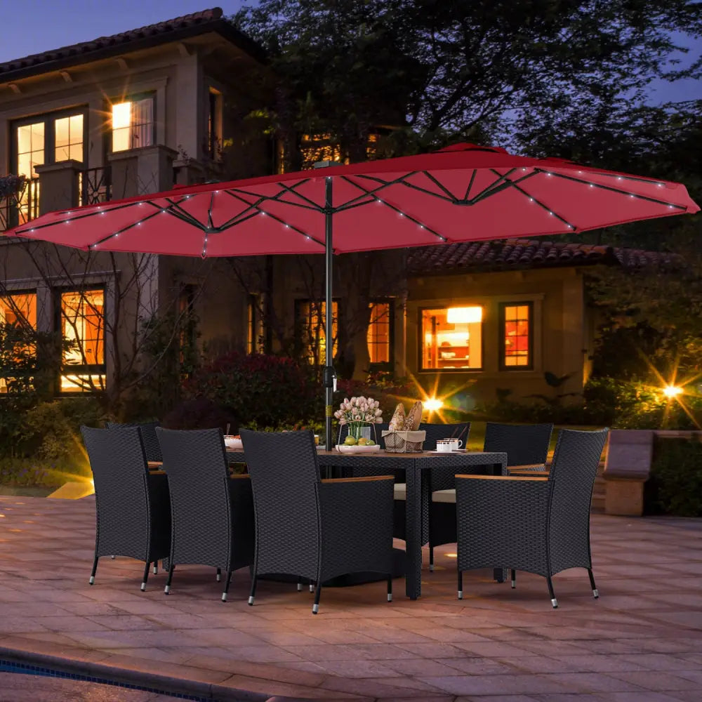 11 Pieces Patio Dining Set with LED Patio Umbrella with Base and Seat Cushions (Beige)-Wine - Wine - Patio Dining Sets