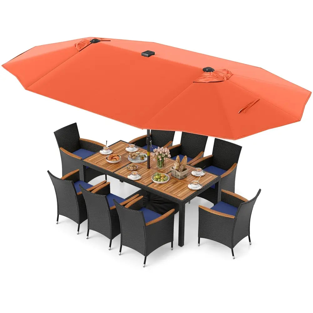 11 Pieces Patio Dining Set with LED Patio Umbrella with Base and Seat Cushions (Navy)-Orange - Orange - Patio Furniture