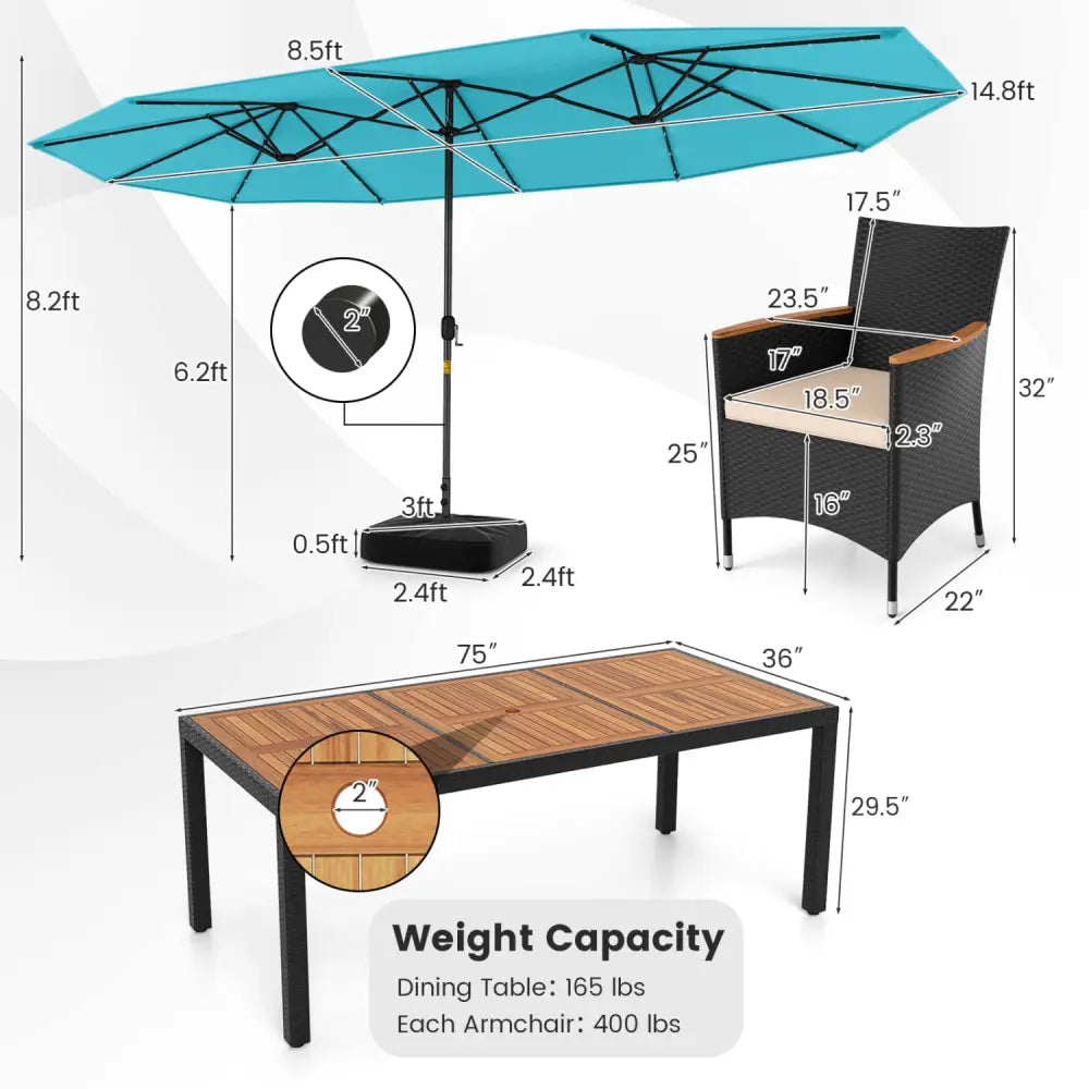 11 Pieces Patio Dining Set with LED Patio Umbrella with Base and Seat Cushions (Beige)-Turquoise - Turquoise - Patio