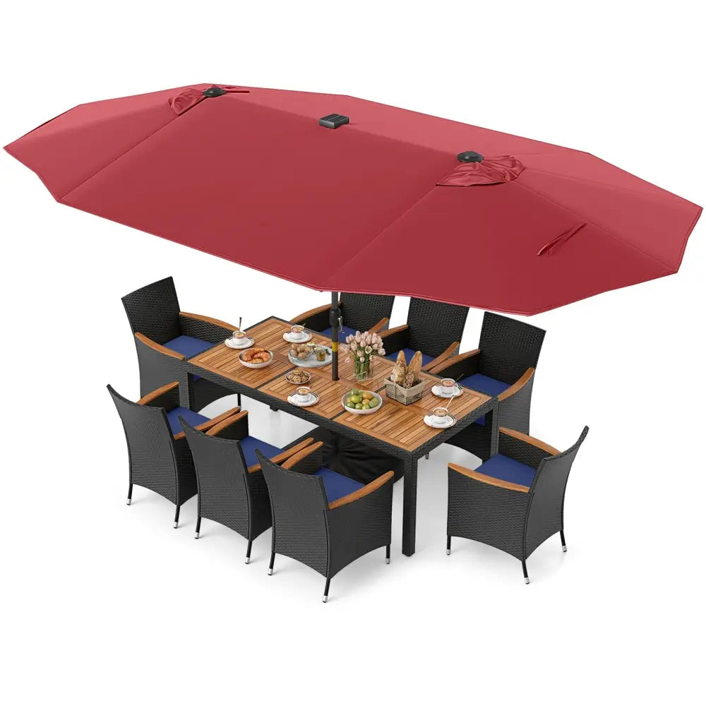 11 Pieces Patio Dining Set with LED Patio Umbrella with Base and Seat Cushions (Navy)-Wine - Wine - Patio Furniture Sets
