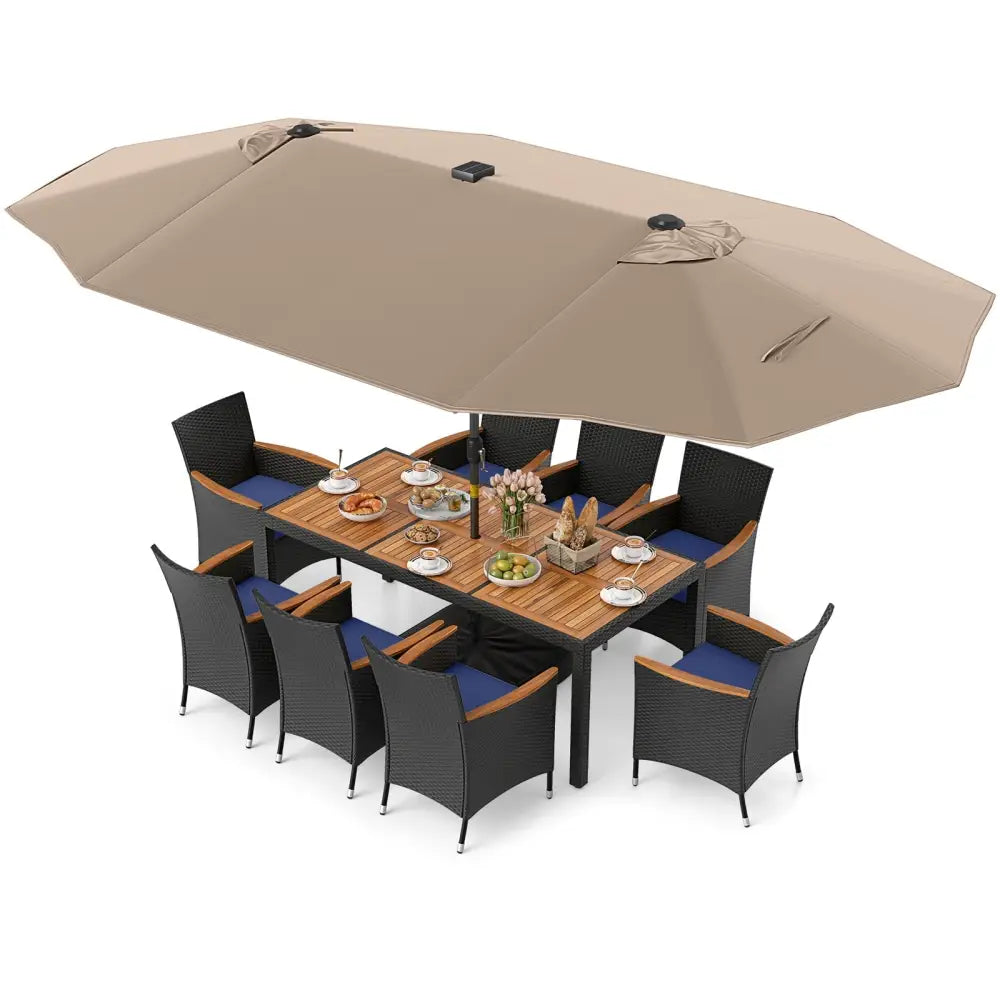 11 Pieces Patio Dining Set with LED Patio Umbrella with Base and Seat Cushions (Navy)-Coffee - Coffee - Patio Furniture