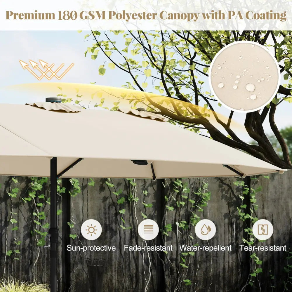 11 Pieces Patio Dining Set with LED Patio Umbrella with Base and Seat Cushions (Beige)-Beige - Beige - Patio Dining Sets