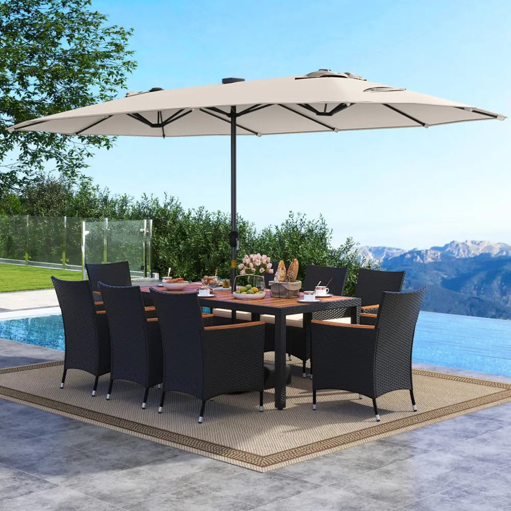 11 Pieces Patio Dining Set with LED Patio Umbrella with Base and Seat Cushions (Beige)-Beige - Beige - Patio Dining Sets