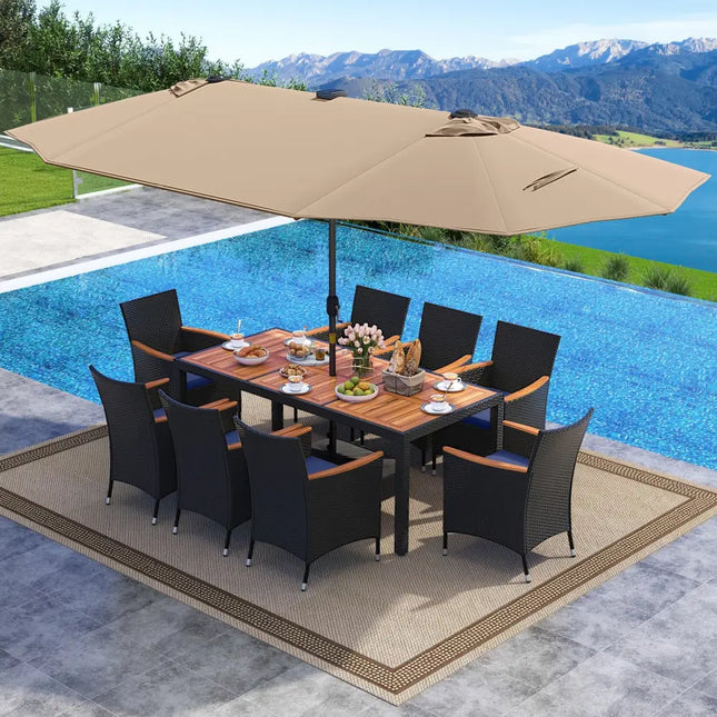 11 Pieces Patio Dining Set with LED Patio Umbrella with Base and Seat Cushions (Navy)-Coffee - Coffee - Patio Furniture